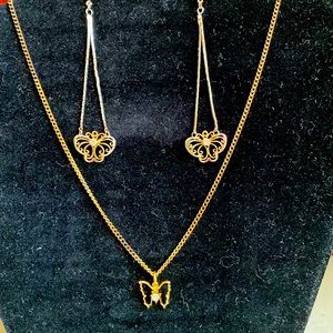 Gold toned butterfly  post earring and necklace set